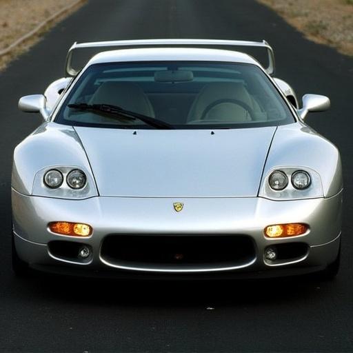 2001 Stratos Sirocco. Front view displayed. Car has dual projector headlights. Features a gullwing hood and signature diamond-mesh grille. The body has sleek lines with a liquid-metal paint effect. Designed for car enthusiasts and luxury markets.