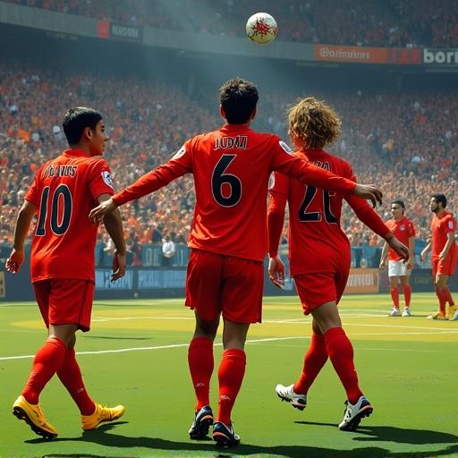 Flamengo football players celebrating a goal with fans at a football match. Artwork inspired by David Hockney. Players in bright red uniforms with numbers. Crowd in the background cheering. Dynamic movement and joy captured. Green pitch under a clear blue sky.