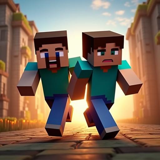Two Minecraft characters running scared towards the sunset. The background shows a Minecraft city. The scene is bright and dramatic. Text overlay reads 'Minecraft Duo Speedruns'.