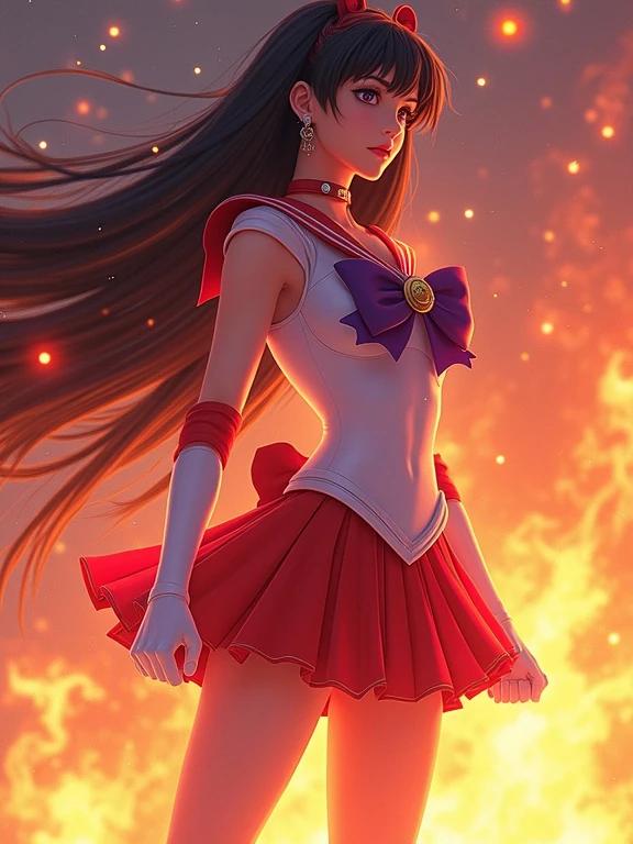 Sailor Mars stands in a commanding pose. She is in a futuristic sailor uniform with red and white colors. Her blouse has a purple bow and intricate patterns. The miniskirt has illuminated panels. She has purple-tinged hair flowing in the wind. Flames surround her, showing her strength and determination. The artwork is highly detailed and in 8k resolution.
