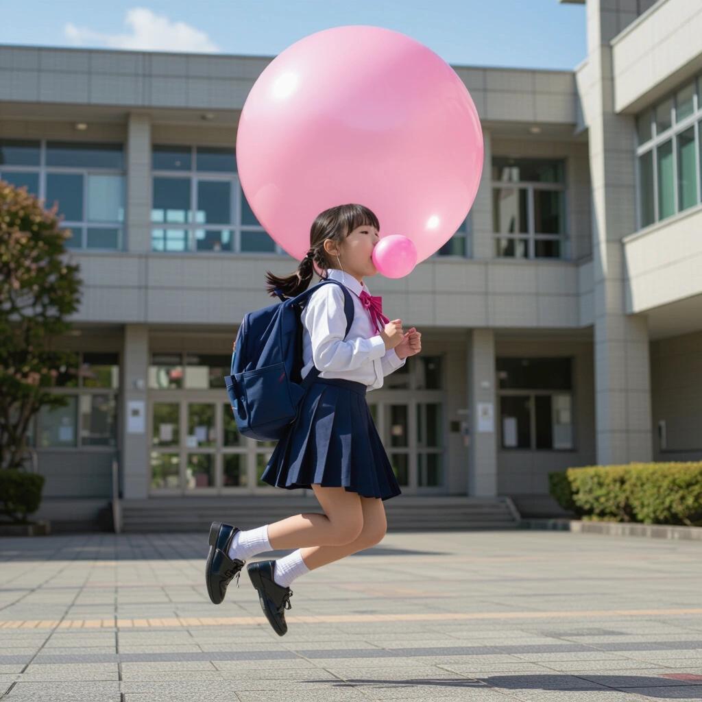 Girl wears a backpack and chews pink bubble gum. She blows a massive pink bubble. Girl jumps high in the air with feet off the ground. Background features a school building. Image captures a moment of joy and freedom.