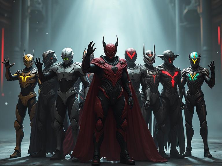 Ten different warframes posing for a picture with hands waving. Unique designs for each warframe. Emphasis on diverse colors and styles.