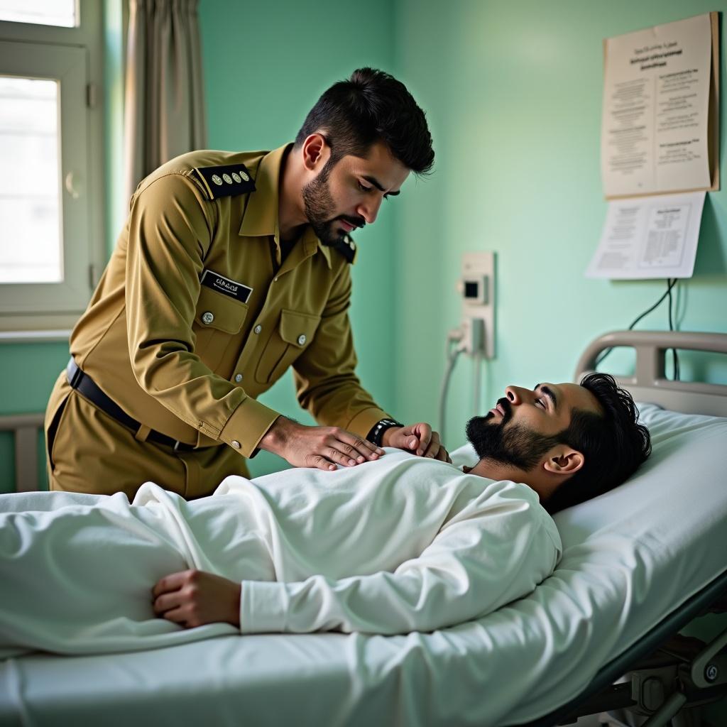 A police officer attending to a patient in a hospital room, with a concern for the patient's well-being depicted through the officer's attentive posture.