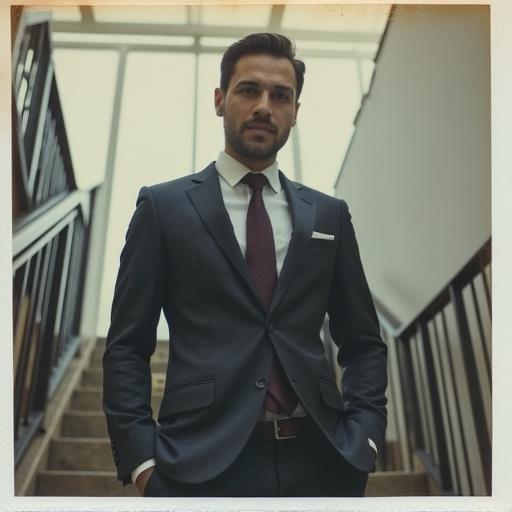 Polaroid photo captures man in suit and tie standing on stairs inside office building. Natural light enhances professional appearance. Clean and modern aesthetic.