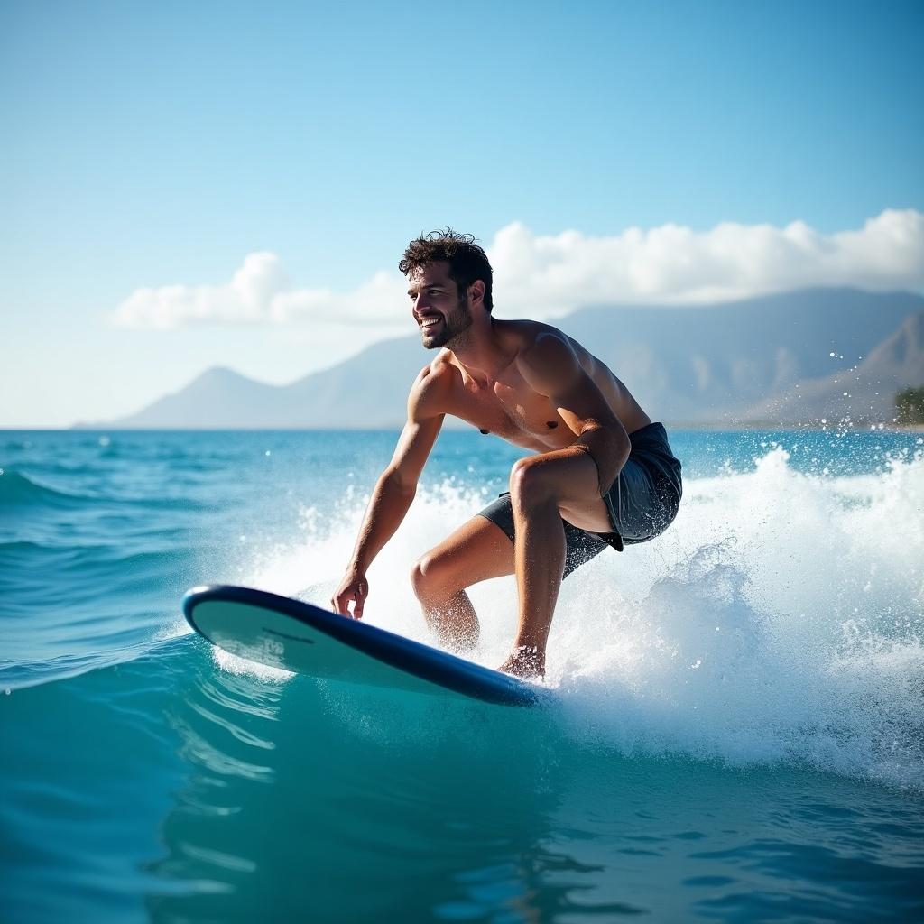 Surfer riding a wave in the blue ocean of Hawaii. Man smiling and enjoying the activity.