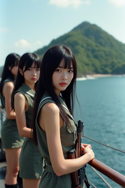 Attractive young Japanese women with long black hair and brown eyes. Dressed in sailor uniforms with thigh-high boots. Positioned on the deck of a WWII battleship with rifles. Background has a volcanic island with jungle and beach in a wide bay.