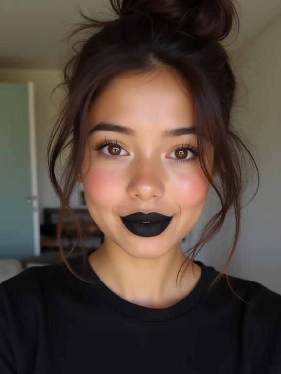 A young Mexican influencer speaks to the camera in a bright room. She has a gentle appearance with an oval face and delicate jawline. Her skin shows natural texture with subtle marks. Full lips are accentuated with black lipstick. Almond-shaped light brown eyes are enhanced with eyeliner and light eyeshadow. Dark brown hair is tied back loosely, with bangs framing her face and strands falling around. She wears a black T-shirt. Expression is neutral.