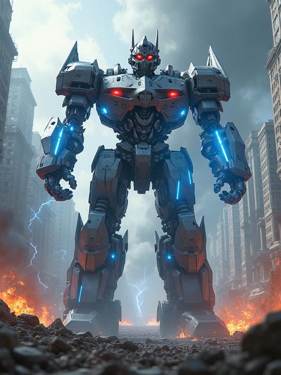 Colossal robot in futuristic war-torn environment. Metallic silver and dark grey body with glowing blue circuits. Piercing red eyes. Devastated cityscape with crumbling skyscrapers. Smoldering ruins and debris-filled streets. Surrounded by explosive energy and electric blue lightning. Intense action scenario. Dramatic cinematic lighting. Pivotal moment of epic battle. Blurred motion background. Atmospheric smoke effects.