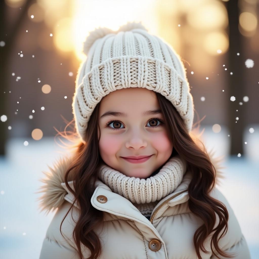 Young girl with almond-shaped hazel eyes and long dark lashes. Small button nose and pink lips. Warm smile, long wavy dark brown hair. Cozy cream-colored knit beanie, white puffy coat and scarf. Surrounded by softly falling snowflakes in a serene snowy park at sunset.