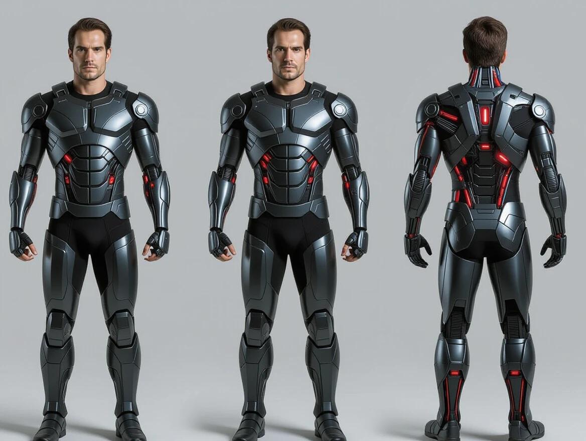 Images showing a man in a cyborg suit. Each position displays variations of a cyborg transformation. The suit has advanced technology and robotic features. The focus is on the suit's intricate design and features from different angles.