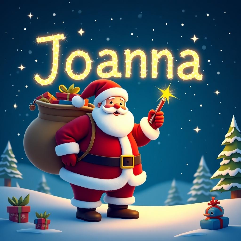 Beautiful Christmas theme with Santa Claus writing the name Joanna in the sky using a colorful glow pen.