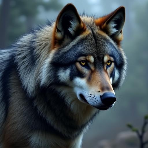 A detailed illustration of an alpha wolf in a DMT style. Emphasizes the wolf's features and natural habitat. Provides a serene forest background.
