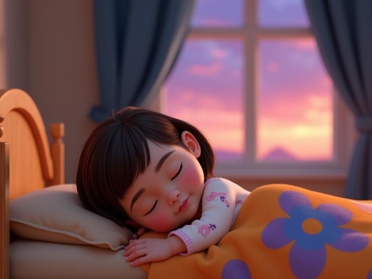 3D render of a toddler girl sleeping in a cozy bedroom at dawn. She has a dark brown bob haircut. She wears light pajamas with unicorn prints. A thick orange blanket with flower patterns covers her. The room has a wooden bed and a window showing a colorful twilight sky. The lighting is warm and soft in the early morning.