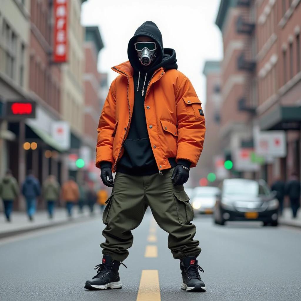 An individual wearing an orange puffer jacket and black hoodie stands confidently in an urban street. They have on green cargo pants and black sneakers. The environment features a city setting with muted colors.