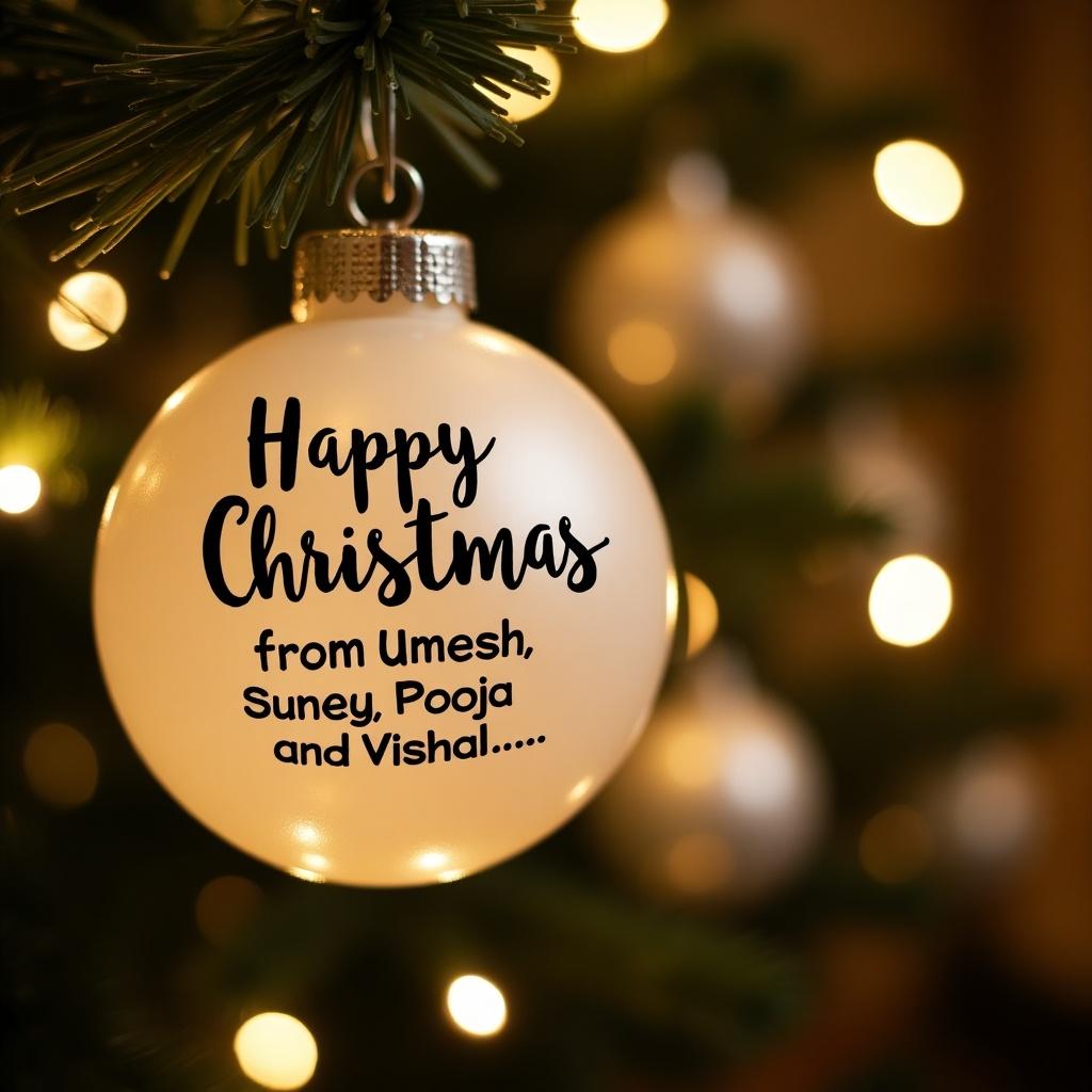 Close-up of a white Christmas bauble with Happy Christmas from Umesh, Suney, Pooja and Vishal. Twinkling lights create a magical ambiance. Suitable for holiday celebrations.