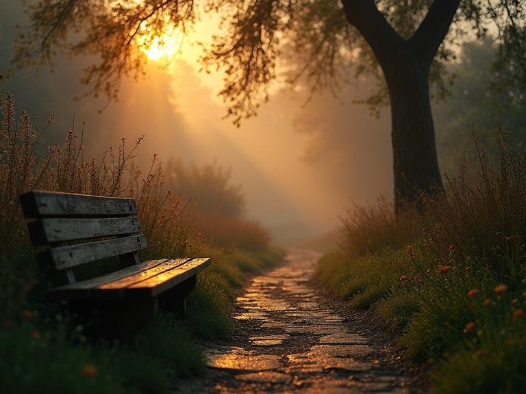 A misty rustic garden with a weathered bench beside a stone path. Fading flowers and old growth shrubs are observed. A willow tree adds character; a golden sunset casts expressive light over the scene creating foggy sparkles. The atmosphere is moody with a dark bokeh background.