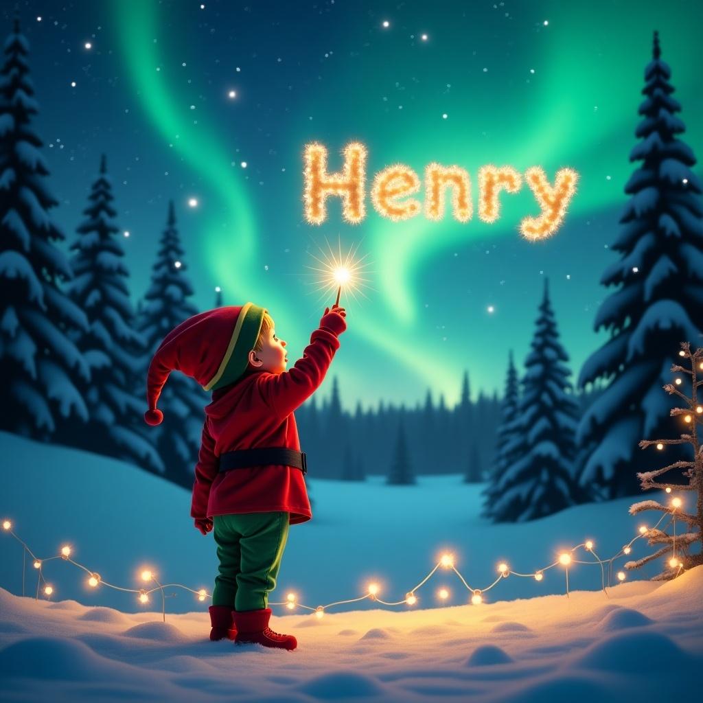 Cheerful scene with child in elf costume gazing at the night sky. Child uses wand to spell 'Henry' with sparkling letters. Backdrop has northern lights and snowy landscape with evergreen trees. Foreground has glowing fairy lights. Magical atmosphere that evokes holiday joy and childlike wonder.