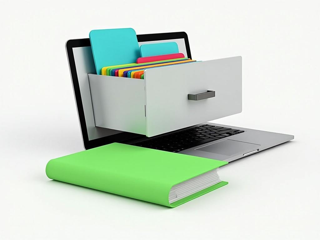 This image features a creative representation of organization and digital filing. A modern laptop is partially open, with a file drawer emerging from it, symbolizing the fusion of digital and traditional filing systems. The drawer contains colorful folders and documents, emphasizing the concept of keeping important information organized. In front of the laptop, there is a bright green binder, adding a splash of color to the academic or office aesthetic. The overall design suggests efficiency in managing both physical and digital documents.