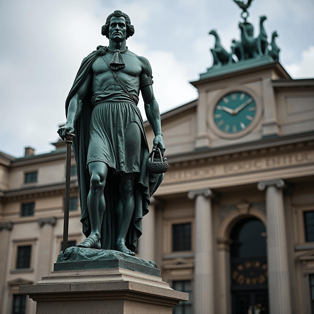 A bronze statue of a classical male figure stands proudly in front of a grand neoclassical building with a clock and a chariot sculpture on its roof.