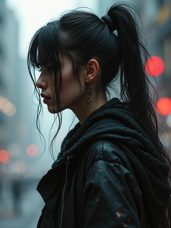Moody portrait of a strong female character in a dystopian city. Focus on expressive lines and flowing forms. Evokes cyberpunk futurism.