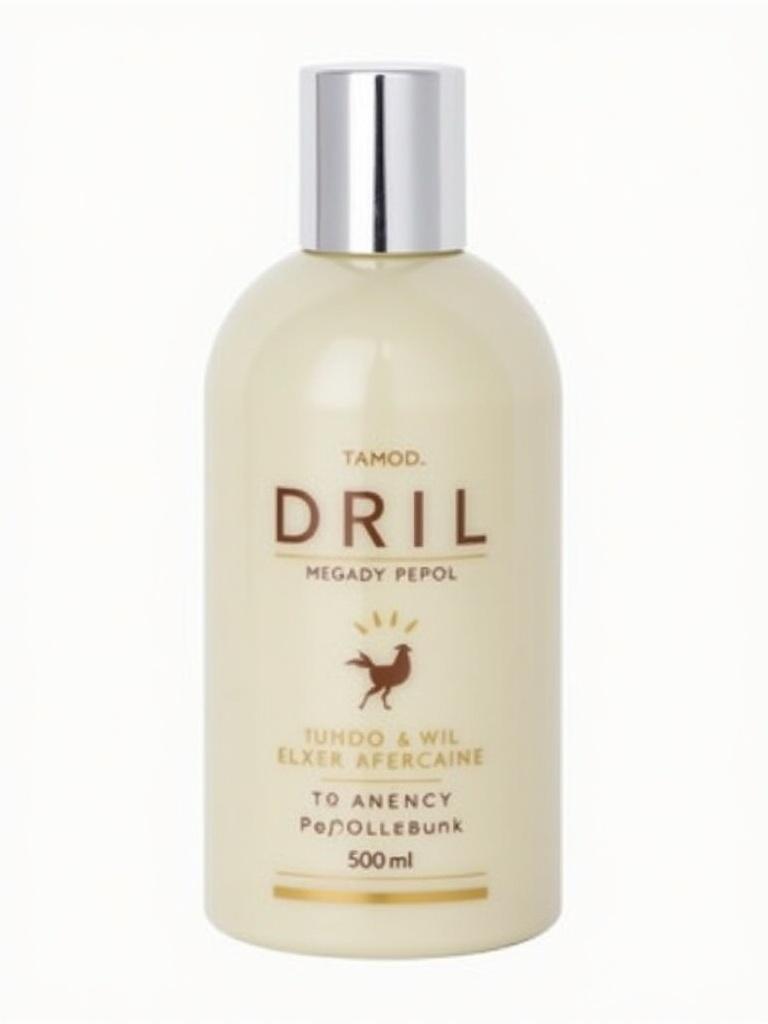 A beauty lotion bottle with the brand name Tamod Dril. The bottle has a sleek design, is beige in color, and holds 500 ml of product. The lid is metallic and shiny. The label presents an elegant typeface.