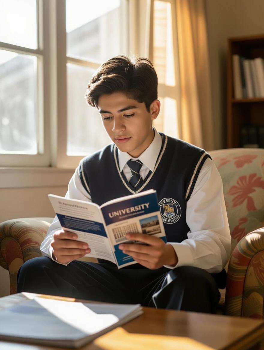 Teenager dressed in high school uniform. He reads university campus brochure. He sits in warm living room with comforting sunlight. Hopeful expression on his face. The surroundings show worn-out furniture. Symbol of opportunity shines through window.