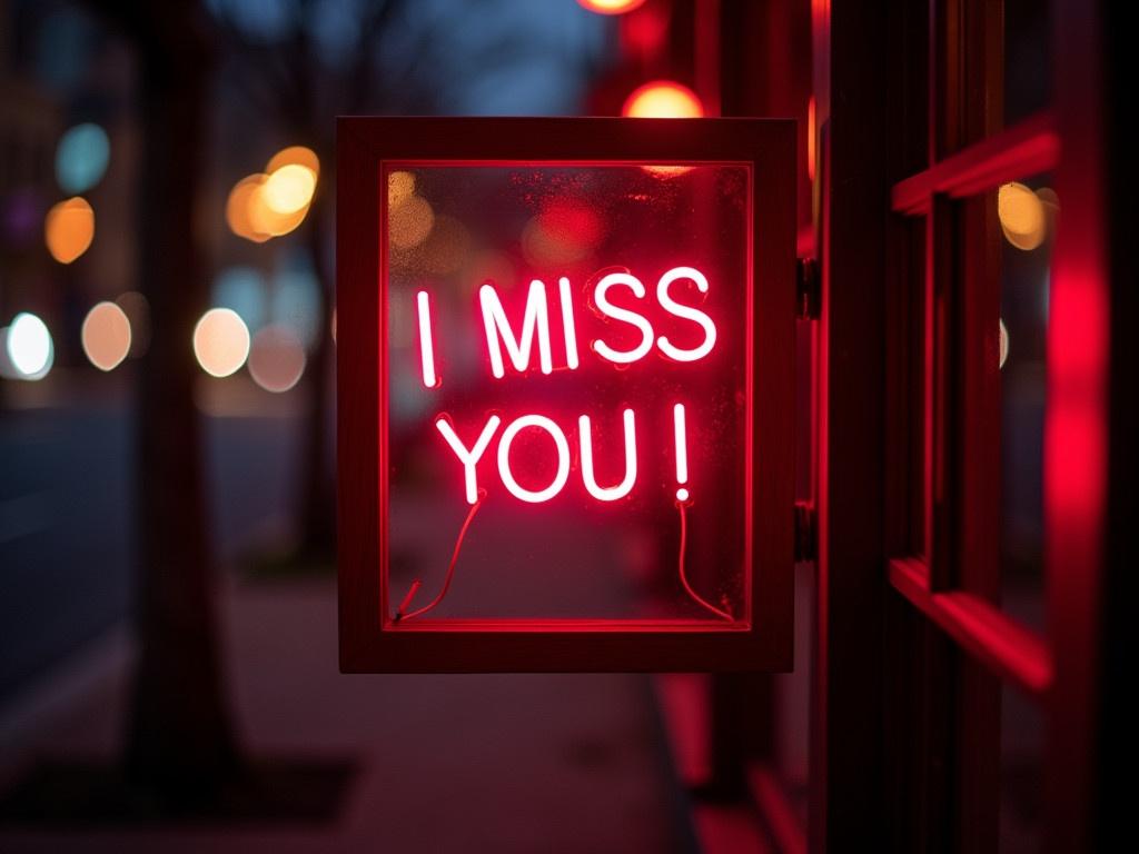 Create a cozy and romantic night scene with soft lighting. A neon sign displays the text "I MISS YOU ! ♡" in bright colors. The background should be a softly lit street, with blurred bokeh effects from lights around. Add a hint of distant city architecture to set the mood, with a focus on the glowing sign. Include warm colors to enhance the romantic atmosphere of the image.