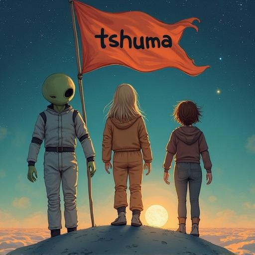 Three figures include an alien and two human girls. They stand on the moon with a flag labeled tshuma. Beautiful sunset illuminates the scene, creating an adventurous atmosphere. Alien resembles classic grey type without clothing but shows confidence. The blonde girl and brown-haired girl wear casual astronaut-inspired outfits. They all gaze over the horizon, embodying exploration spirit.
