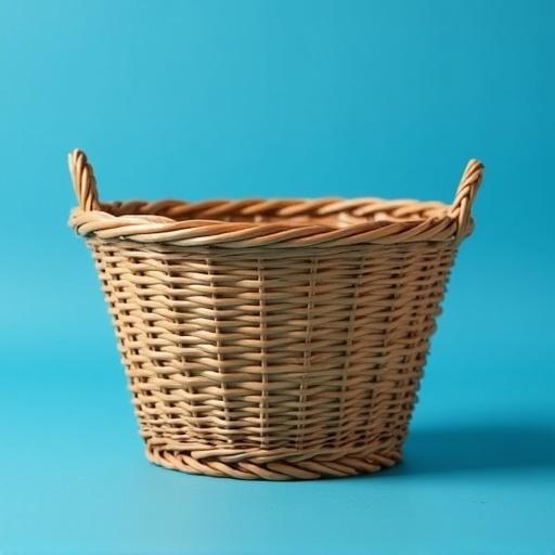 Image of a wicker basket with diamond pattern weave. Smooth rounded rim. Sturdy base. Solid blue background.