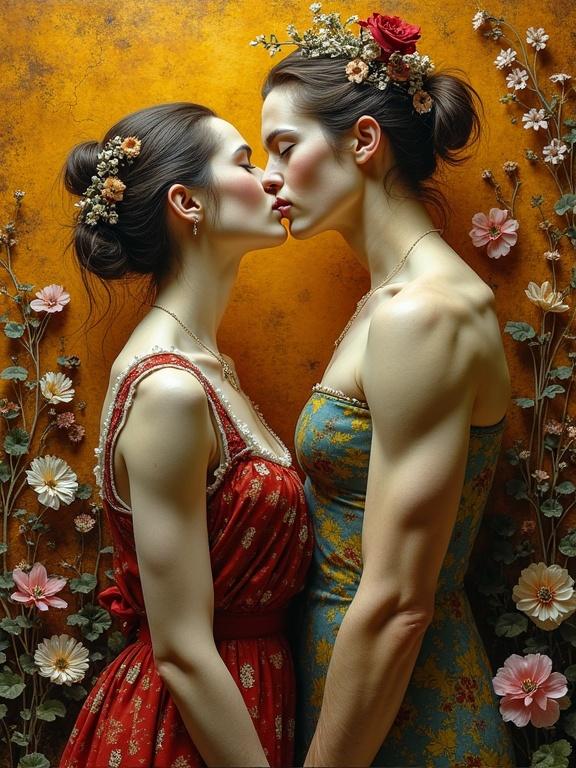 Masterpiece of 3D multi-layered art. Gentle kiss captured in detail. Encaustic mixed media style. Whimsical elements around two figures. Reflecting strength and femininity. Soft colors enhance intimacy.