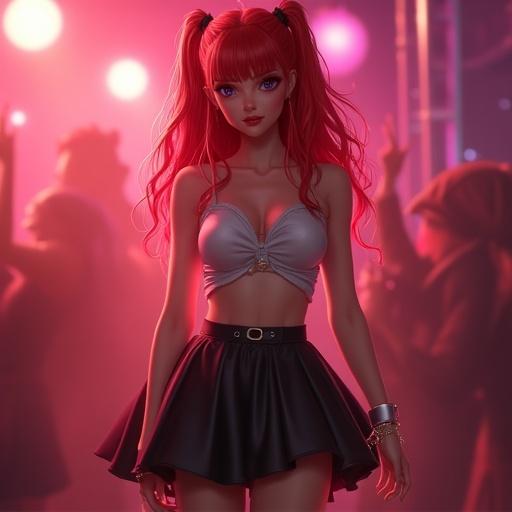 Image of a party girl styled in a front view. She wears a short skirt and a fitted top. Her hair is bright red. The background suggests a lively party atmosphere with soft lighting effects. The focus is on her outfit and hair.