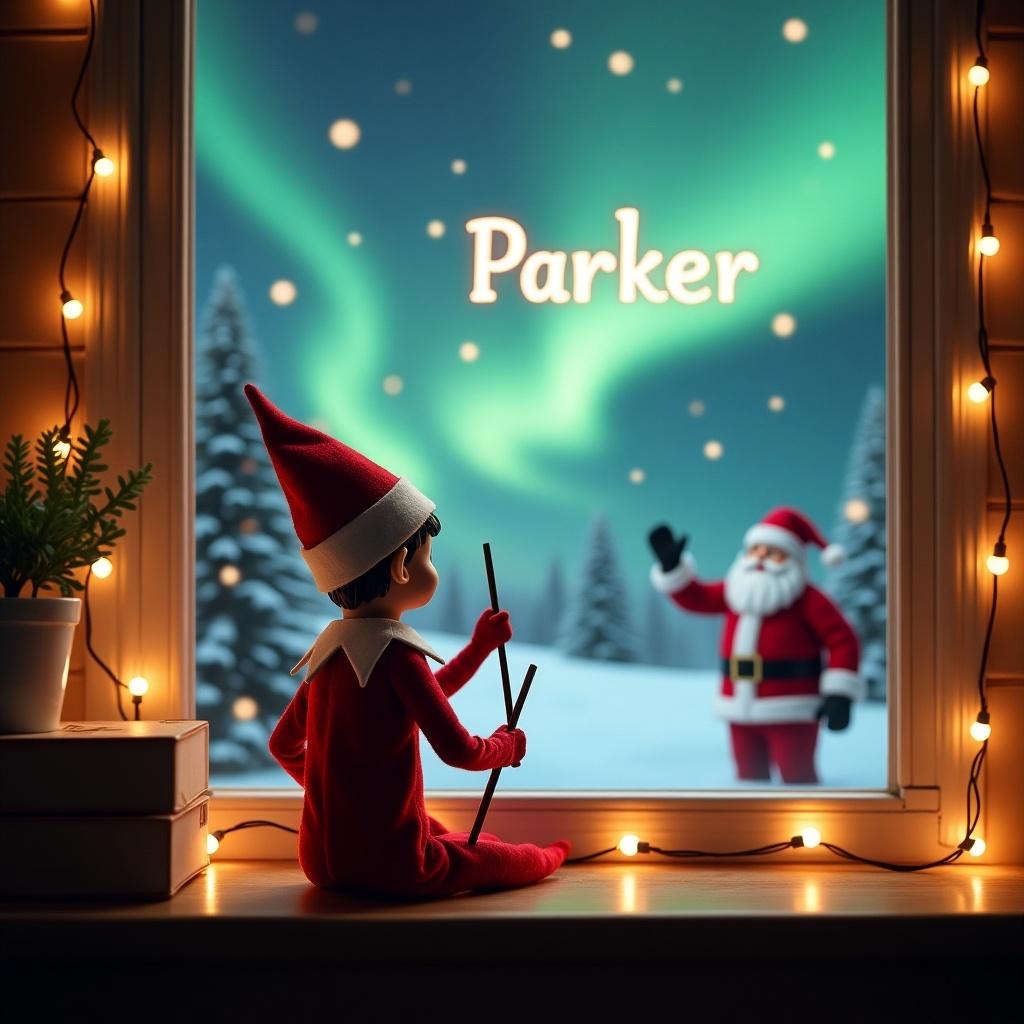 A cozy Christmas scene depicts an elf on the shelf, sitting with his back facing the viewer. He holds a wand and is creatively writing 'Parker' in the starry sky. Outside the window, a magical winter landscape unfolds with sparkling northern lights illuminating the night. In the background, Santa Claus waves cheerfully, adding to the festive atmosphere. The warmth of string lights enhances the feeling of holiday cheer, while the elf wears a traditional red suit and hat, embodying the spirit of Christmas.