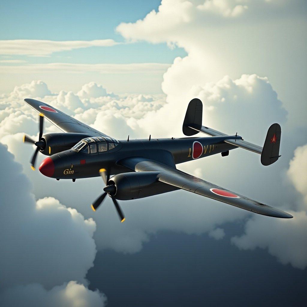 Mitsubishi G5M flying through clouds. Views from above showcasing aircraft design and details. Vintage airplane in flight.