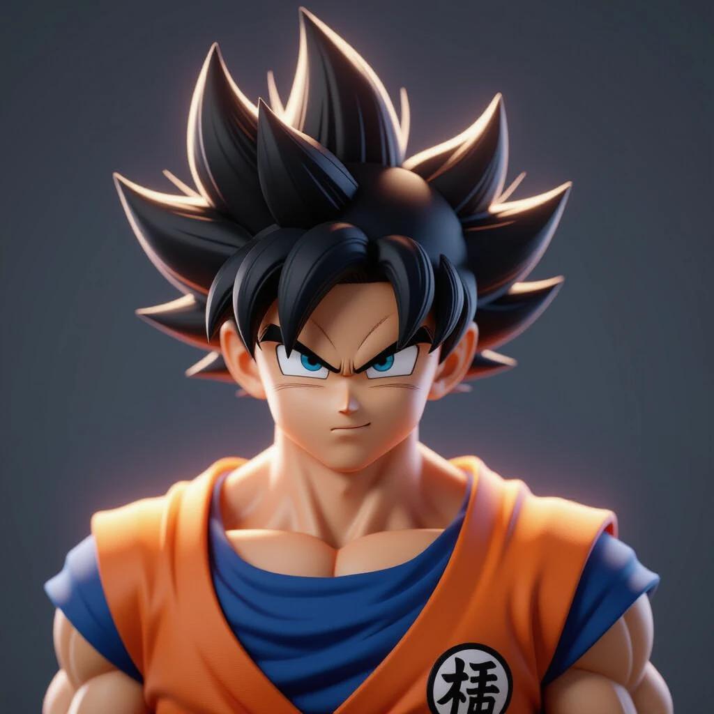 Create a highly detailed and photorealistic 3D cinematic render of Goku from Dragon Ball Z. Focus on a powerful upper-body portrait featuring his iconic spiky black hair and determined expression. Showcase a muscular physique in a classic orange gi with blue undershirt. Use dramatic lighting to create depth and highlight his features, adding an intense glowing Super Saiyan aura around him. Set the background in a warm, sandy desert environment with subtle iconic elements.