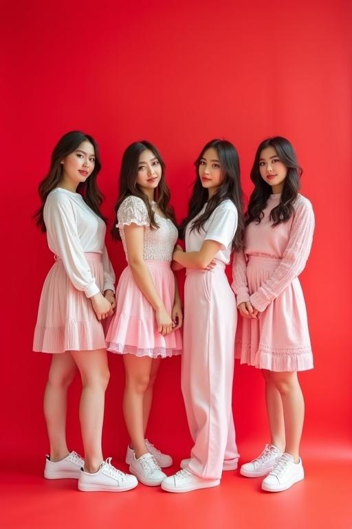 Four Kpop girl group members in a photoshoot. Background in red and white. Outfits are cute and angelic.