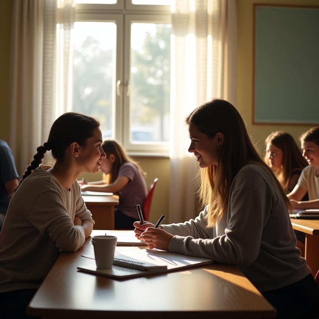 This image depicts a vibrant classroom scene where a teacher is engaged in an enlightening conversation with a student. Sunlight pours through the window, illuminating their faces and highlighting the joy of learning. In the background, other students are focused on their work, contributing to a collaborative environment. The classroom is filled with warmth, showcasing the positivity of educational interactions. This setting not only emphasizes the importance of student-teacher relationships but also reflects a supportive learning atmosphere.