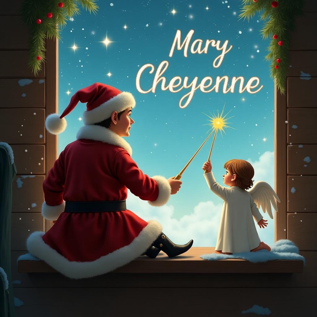 A festive Christmas scene featuring an elf on the shelf. The elf, dressed in a red velvet suit, sits with his back to the viewer, gazing up at the twinkling sky. He holds a magical wand, using it to write the name 'Mary Cheyenne' in the clouds. Beside him, an angel stands, adding to the enchantment of the scene. The background is filled with Christmas decorations and a warm, inviting atmosphere, embodying the essence of holiday cheer. This imagery evokes feelings of joy and nostalgia during the Christmas season.