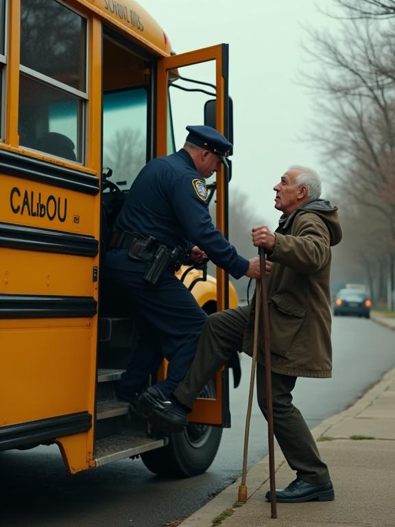 Dramatic scene showing police officer near yellow school bus. Elderly man stands outside bus holding walking stick. Police officer is kicking old man. Tense emotional atmosphere with realistic lighting and detailed expressions. Quiet street background during day.