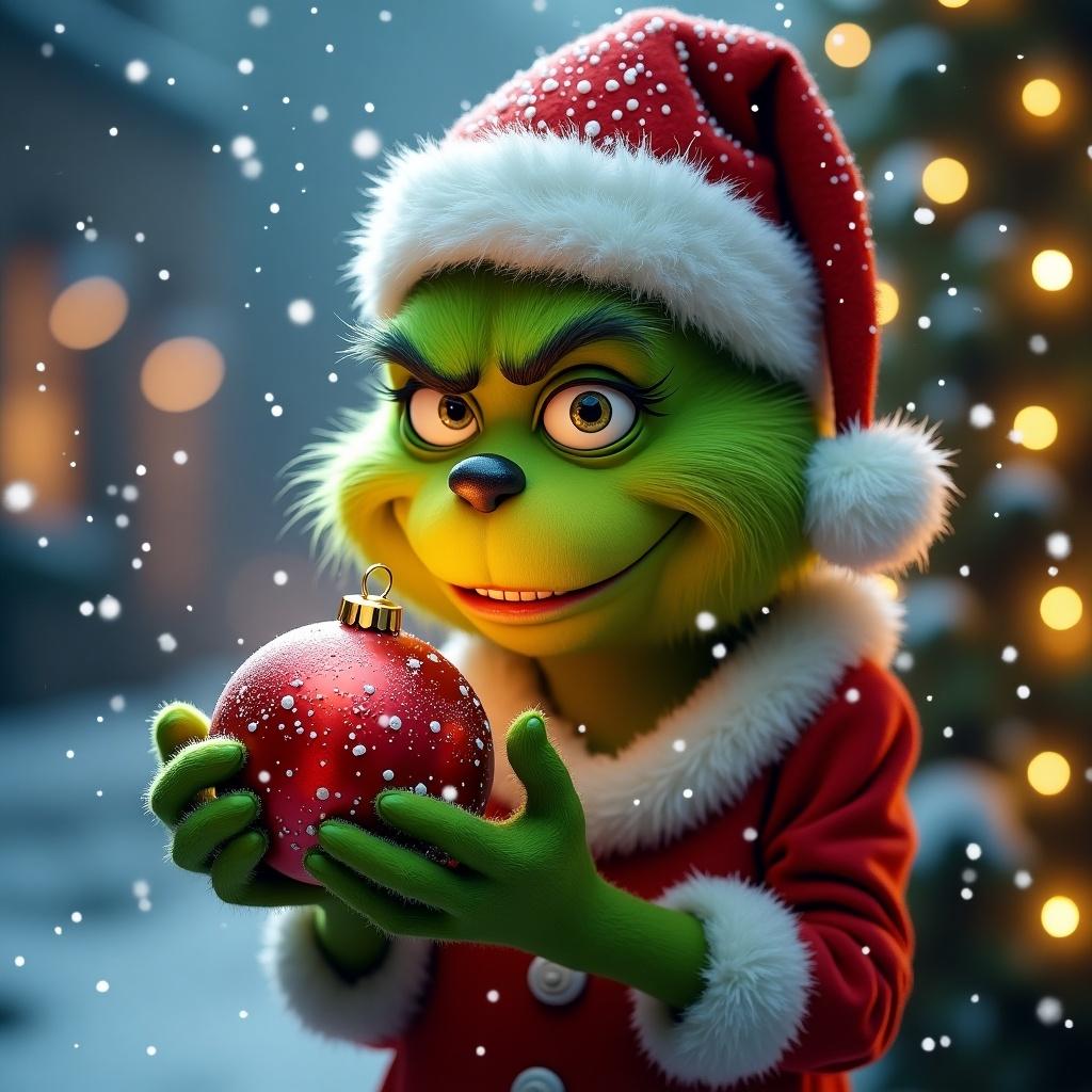 Grinch character wears a Santa hat. Grinch holds a red Christmas bauble. Snow falls gently in the background. Bright Christmas lights twinkle around the scene.