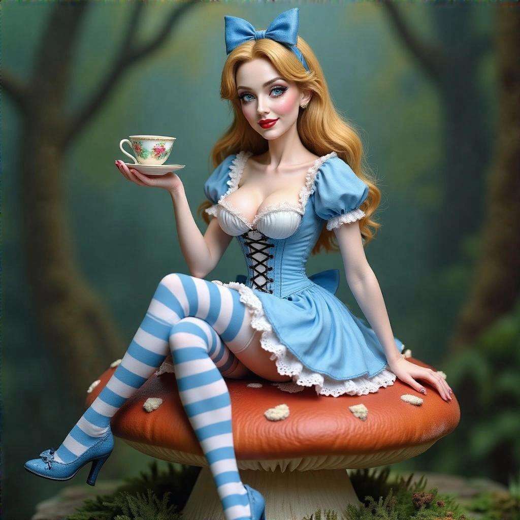 Ultra-detailed resin figure inspired by Alice in Wonderland. Features voluptuous woman with slender body sitting cross-legged on mushroom. Holding tea cup with flirtatious pose. Wears light blue dress and blue stockings. Long wavy blonde hair. Background with tree and Cheshire Cat. Elements like pocket watch and teacups scattered.