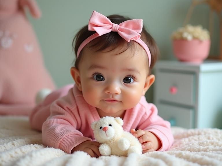 A cute baby girl plays with a soft toy while lying on a plush blanket. She is dressed in a pastel outfit, surrounded by a cozy environment with gentle lighting. Her joyful expression enhances the delightful scene, evoking feelings of warmth and love.