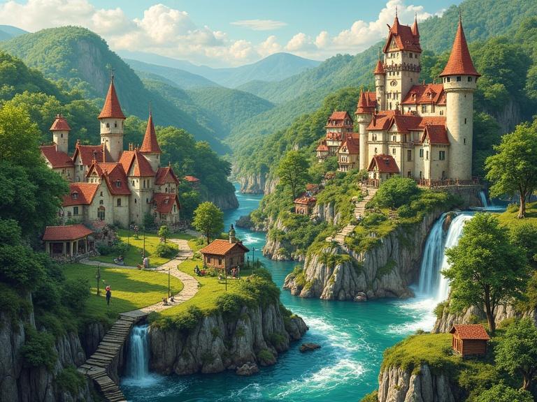 A vibrant fairy village nestled among rolling hills and lush greenery. Sparkling waterfalls cascade into a blue river. The scene resembles medieval illuminated manuscripts with intricate details.