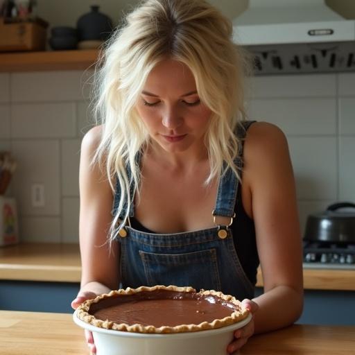 A blonde woman wearing overall shorts leans forward with her face near a chocolate pie on a kitchen counter. Only edges of her face are visible. Natural light fills the kitchen space.
