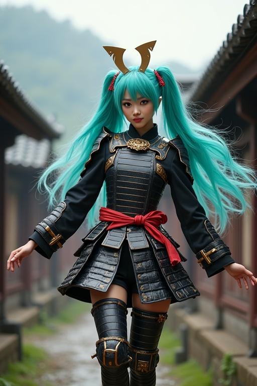 Hatsune Miku in samurai armor dances in an ancient Japanese village. Character has teal hair and vibrant outfit. She embodies a playful spirit while singing.
