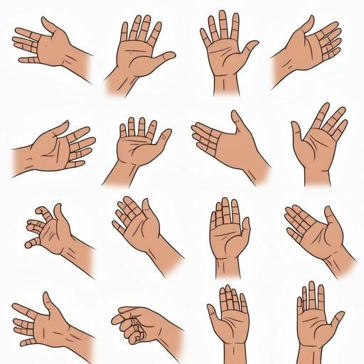 Illustration of various hand gestures showing body language. Hands are depicted in different positions including crossed arms open palms and clenched fists. Focus on movements and expressions conveyed by hand gestures. Display multiple hand gestures in a grid format.