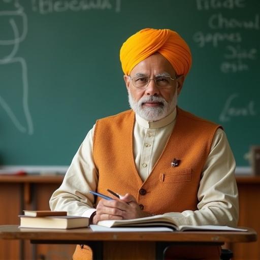 A man dressed in traditional Indian attire sitting at a desk in front of a chalkboard. The classroom setting indicates a teaching scenario. The man has a thoughtful expression and is engaged in writing with a pen.