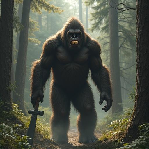 A large creature known as Bigfoot stands in a lush evergreen forest. He has a protein bar in one hand and a hatchet in another. Towering trees surround him, illuminated by gentle sunlight.