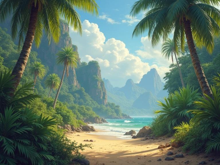 Fantasy tropical jungle scene featuring palm trees, mountainous backdrop, sandy beach, clear blue water, vibrant foliage. Evokes adventure and tranquility.