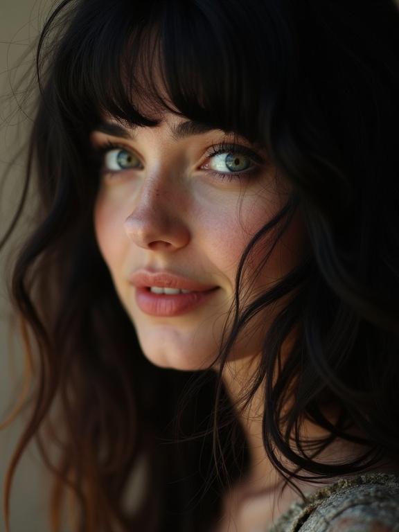 A macro bokeh photo showcasing a beautiful woman with layered black hair tilted to the right. She has colorful turquoise eyes and plump lips with a shy smile. Her hair drapes over one eye in bouncy waves. The camera focuses closely on her eyes and hair, highlighting her playful expression and aesthetic appeal.