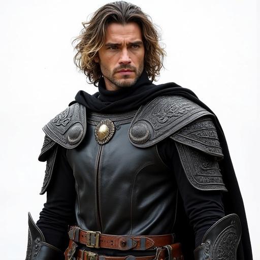A confident man in a black leather medieval warrior outfit. Ornate shoulder armor. Belt full of weapons. Angular face with light-medium sun-kissed skin. Hazel-green eyes. Voluminous dark wavy hair with blonde highlights. Calm and stern expression. Transparent background.